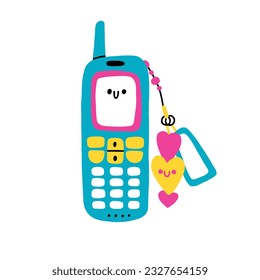 Cute Blue Button Phone from the 2000s, music players. Vector illustration in naive hand-drawn style. 