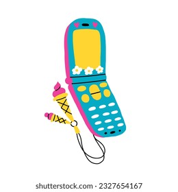 Cute Blue Button Phone from the 2000s, music players. Vector illustration in naive hand-drawn style. phone with pendants, key chains