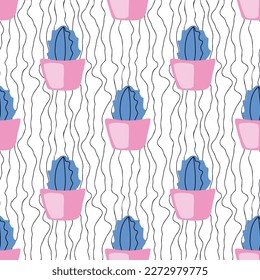 Cute blue cactuses in pink pots on wavy lines background. Delicate doodle seamless pattern for home decor, spread, clot, linen. Cozy kids design. Hand drawn home plants. Vector illustration.