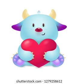 Cute blue cartoon baby animal holding heart. Love, romance, feeling. Valentines Day concept. Vector illustration can be used for topics like holiday, emotions, childhood