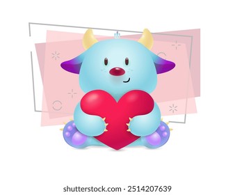 Cute blue cartoon baby animal holding heart. Love, romance, feeling. Valentines Day concept. Vector illustration can be used for topics like holiday, emotions, childhood