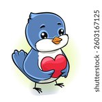 cute blue cartoon bird with large eyes holds a red heart, playful and affectionate design