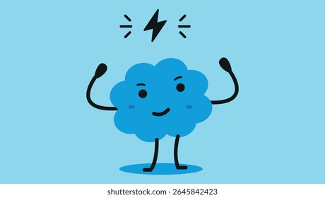 cute blue cartoon brain with happy face showing strength and energy under lightning bolt on blue background	
