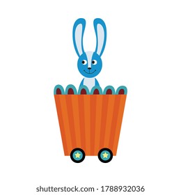 Cute blue cartoon bunny sitting on locomotive train wagon and smiling isolated on white background. Baby hare or rabbit riding an orange cart, flat vector illustration.
