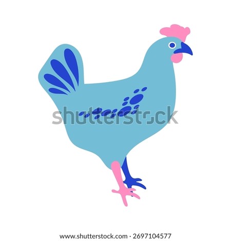 Cute blue cartoon chicken vector illustration. Minimal and playful farm animal design in flat style. Perfect for Easter cards, children’s prints, stickers, packaging, and animation projects.