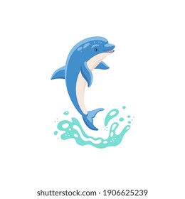 Cute blue cartoon dolphin jumps out of the water in the sea, ocean, pool, oceanarium or on performance in dolphinarium. Mammal wildlife animal. Vector isolated illustration