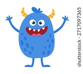Cute Blue Cartoon Monster Character. Friendly Fantasy Creature for Kids. Flat Vector Illustration on White Background