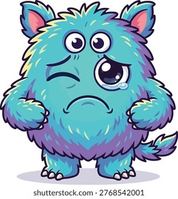 A cute blue cartoon monster with four eyes showing a crying and sad expression. Fantasy creature character illustration suitable for games, children content, stickers, and creative designs.