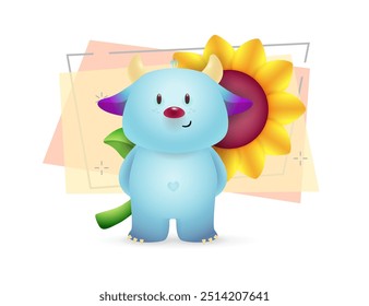 Cute blue cartoon monster illustration.
Horned animal, sunflower, surprise. Gift concept. Vector illustration can be used
for topics like kids, cartons, presents