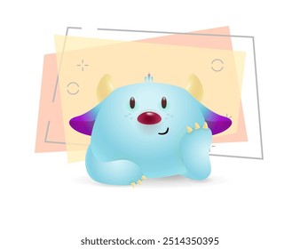 Cute blue cartoon monster illustration. Horns, sunflower, cuteness. Cartoon concept. Vector illustration can be used for topics like kids, cartons, advertisement