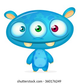 Cute blue cartoon monster with three big eyes . Vector slimy alien character smiling with two big teeth. Monster icon