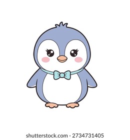 Cute blue cartoon penguin with light blue bow tie and rosy cheeks.eps
