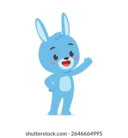 Cute Blue Cartoon Rabbit Waving Hand with Happy Expression on White Background Illustration