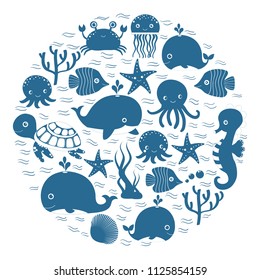 Cute blue cartoon sea animals in circle for baby designs, kids invitations and summer greeting cards