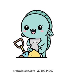 Cute blue cartoon turtle character digging with a shovel and holding a yellow rock green shell