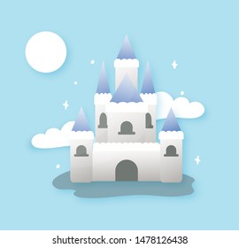 Cute blue castle with clouds moon vector illustration 