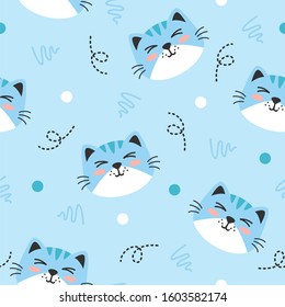 Cute blue cat animal pattern with dot and line Vector on blue background, good for fabric, print and other uses.
