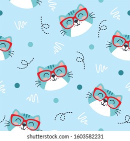 Cute blue cat animal pattern with dot, red glasses and line Vector on blue background, good for fabric, print and other uses.