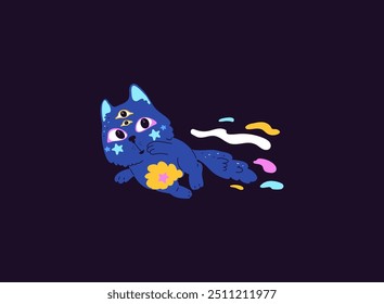 Cute blue cat astronaut with eyes on forehead flying in space. Cartoon funny kitten pet cosmonaut fantasy adventure vector flat illustration. Cosmic feline animal with stars on body