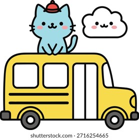 Un lindo personaje de gato azul sentado en un autobús escolar amarillo con una nube sonriente. Ilustración vectorial plana de alta calidad para la educación preescolar y el diseño de la guardería.
