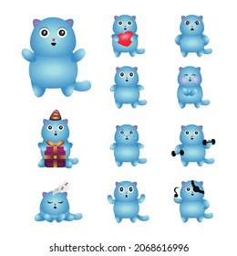 Cute blue cat in different emotions and actions sticker illustration clip-art set