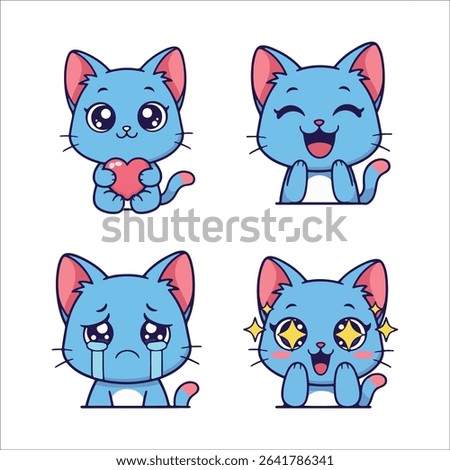 Cute Blue Cat Emotions Set, Kawaii Feline Expressions, holding a heart with loving eyes, laughing joyfully, crying sadly with tears, and sparkling with excitement or adoration. Vector illustration