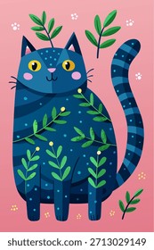 Cute Blue Cat with Green Leaf Pattern and Bumblebee on Pink Background