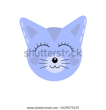 Cute blue cat with hearts on cheeks. Vector happy cat face - for holiday design, children things' design