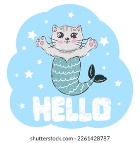Cute blue cat mermaid on a white background. Vector illustration for girls. Summer travel concept. Child and kids print. Flat style concept
