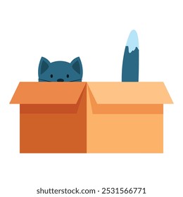 Cute blue cat is peeking out of a cardboard box with its tail sticking out