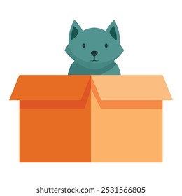 Cute blue cat is peeking out of an orange cardboard box, looking forward with curiosity