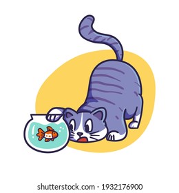 Cute Blue Cat Playing with Fish in Bowl Illustration