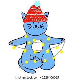 Cute gato azul con sombrero rojo que medita en loto posar con guirnalda de año nuevo, arte clip a mano para tarjeta de navidad, diseño de portada, afiche, símbolo zodiaco chino de 2023.