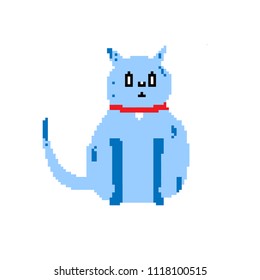 Cute Blue Cat with red Ribbon, pixel art, vector illustration