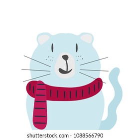 Cute blue cat with Scarf. vector design. illustration for School books and more.Meow slogan.