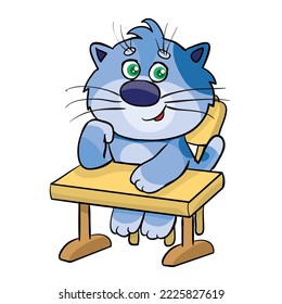 cute blue cat sitting at a desk and ready to listen to the teacher, cartoon illustration, isolated object on a white background, vector, eps