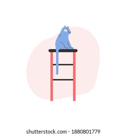 Un gato azul lindo sentado en una silla alta. Una mascota que vive en casa. Animales domésticos descansando en el asiento. Diseño acogedor con un concepto de estilo escandinavo. Ilustración de carácter de vector aislada en fondo blanco