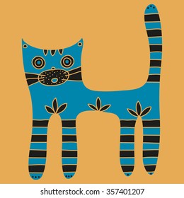 Cute blue cat with striped paws and tail. Vector illustration