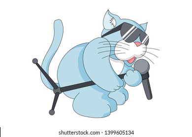 Cute blue cat in sunglasses singer with microphone. Rock and roll cat cartoon vector illustration for print design isolated on white background