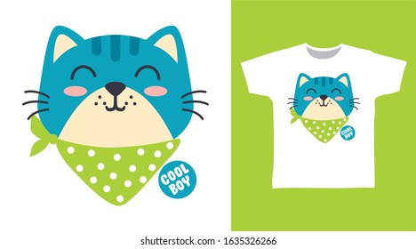 Cute blue Cat t-shirt and green bandana trendy design with white background illustration ready for print on tee, poster and other use