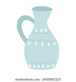 Cute blue ceramic jug design element flat cartoon illustration. Capacity for drink. Colored tableware hand drawn vector design. Kitchen trendy crockery for hot drink isolated on white background