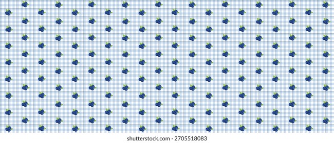 Lindo azul a cuadros de gingham o Vichy sin patrón con arándanos. Paño de picnic, sábana, mantel o textura de servilleta. Cruzó las líneas pares. Estampado estético minimalista. Ilustración vectorial.