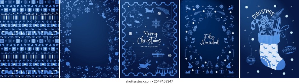 Cute Blue Christmas Themed Posters, greeting cards, and templates. Merry Christmas and Feliz Navidad text. Pattern of christmas doodle illustrations with stamp frame design. Christmas sock. Vector.