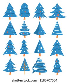 Cute blue christmas tree of different shape set. Collection of xmas tree with garland. Greeting card decoration or logo design. Isolated flat vector illustration