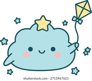 A cute blue cloud character flying a yellow kite surrounded by stars. High-quality vector clipart for children nursery decor, printable stickers, and kids designs.
