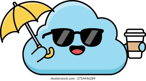 Niedlicher blauer Wolkencharakter mit Sonnenbrille, die einen gelben Schirm und eine Kaffeetasse hält. Perfekt für Aufkleber, Planer, Sommerdesigns und kreative Lifestyle-Projekte.
