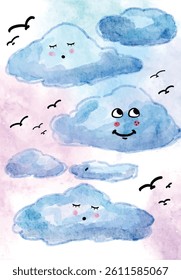 Cute Blue Cloud Characters with Birds – Watercolor Sky Illustration