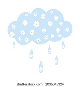 Cute blue cloud with droplets filled with chamomiles. Rainy cloud. Cartoon vector illustration 
