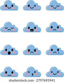 Cute blue cloud emoji vector icon set isolated on white background. Kawaii cartoon clouds collection with various facial expressions and emotions