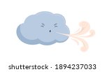 Cute blue cloud with funny angry face with blowing wind. Windy weather icon. Sweet baby character with gust of air from its mouth. Childish flat vector illustration isolated on white background